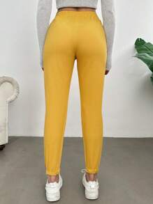 SHEIN Cottnline Pantalones De Chándal De Cintura Con Cordón De Color Sólido Para Mujer - Amarillo - Ver 4