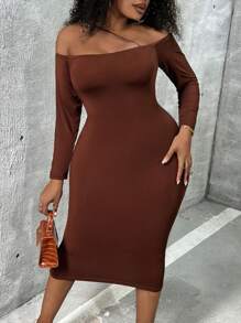 Slaydiva 大尺碼女士露肩緊身連身裙 - 棕色 - 查看 7