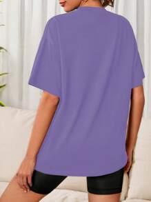 SHEIN Cottnline Rhinestone Letter Decorated Short Sleeve T-shirt - Purple - View 2