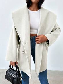 RueChic Waterfall Collar Double Breasted Overcoat - Beige - View 6