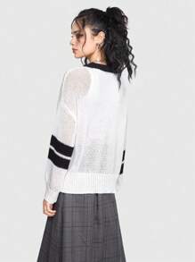 ROMWE Grunge Punk Women's Contrast Color Digital Pattern V-neck Sweater - Black and White - View 3