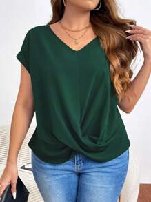 SHEIN Frenchy Plus Size Women's Twist Knot Hem Batwing Short Sleeve V Neck Green Blouse