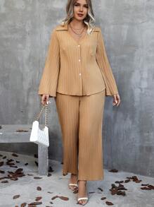 Calvaya 大尺碼純色喇叭袖衫和褲子套裝 - 杏色 - 查看 4