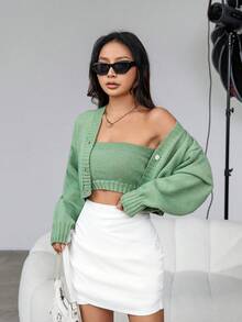 SHEIN Essnce 短款針織前開襟落肩開襟衫和無肩帶針織上衣 - 綠色 - 查看 3