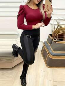 Trioutop 纯色高腰裤，休闲撞色仿皮修身裤，女装春季黑色 - 黑色 - 查看 6