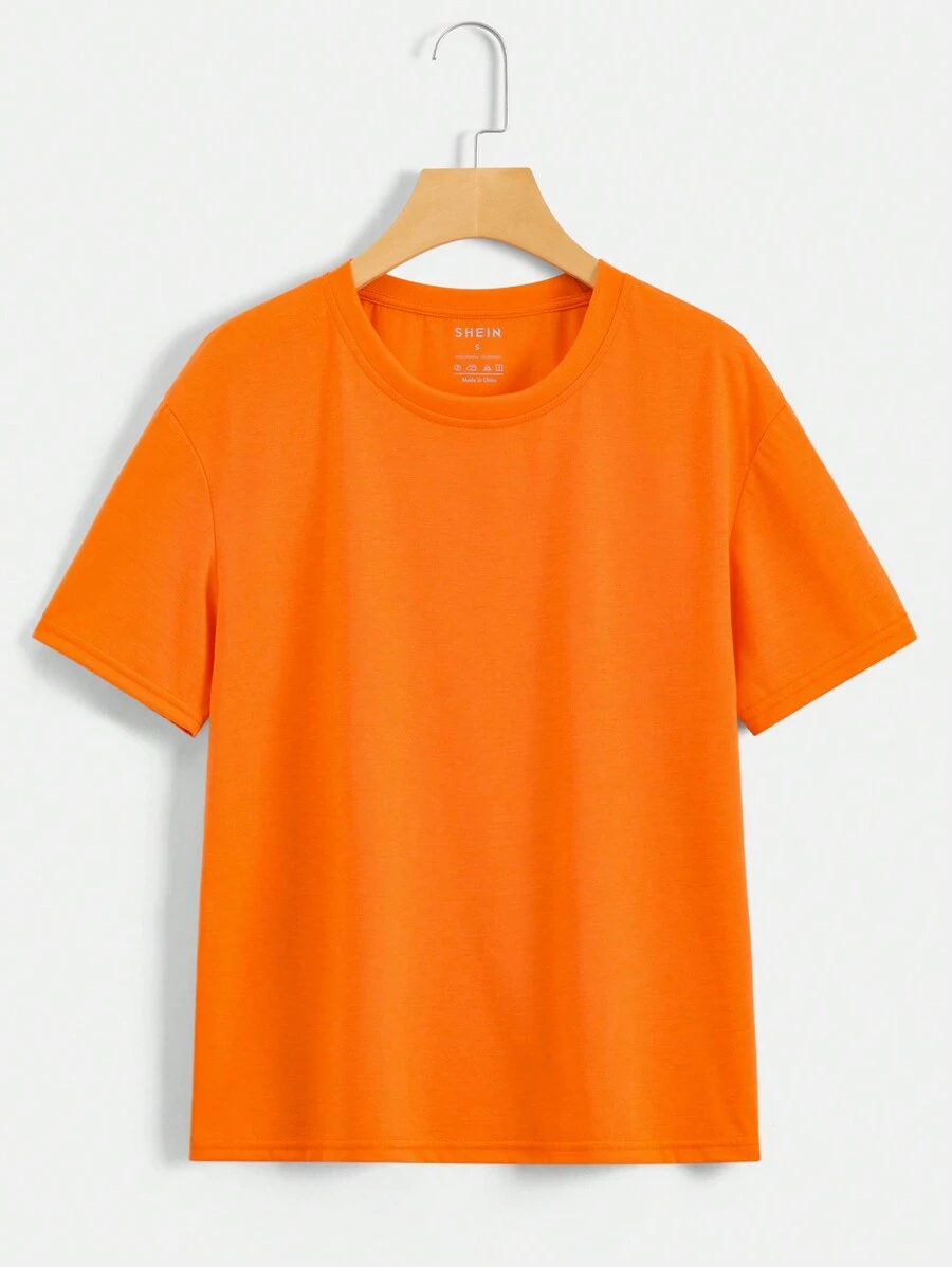 INAWLY Solid Color Round Neck Short-sleeved T-shirt - Orange - View 1