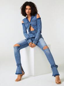 Samanta X Cold Shoulder Pocket Patched Ripped Denim Jumpsuit