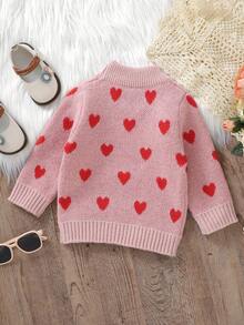Baby Girls' Heart Patterned Round Neck Sweater - Pink - View 2