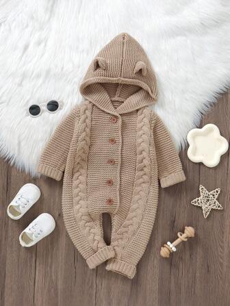 SHEIN Vintaside Kids Baby Jongens Effen kleur Met kap Gebreid Romper