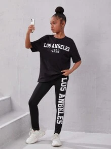 女童運動風針織短袖上衣和緊身褲套裝 - 黑色 - 查看 4