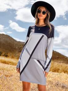 SHEIN LUNE Geometric Print Round Neck Long Sleeve Casual Dress - Multicolor - View 4