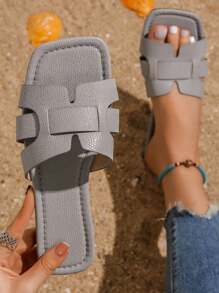 韓國風格女士休閒平底涼鞋,開放式腳趾沙灘拖鞋,春/夏/秋新款編織羅馬風格女鞋,時尚平底帶扣且舒適厚底 - 灰色 - 查看 1