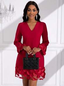 SHEIN Unity Màu thuần Cổ chữ V Tay áo dài Đầm - Đỏ - Xem 3