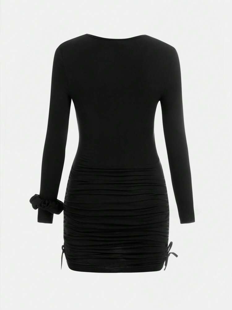 Tween Girls' Knitted Square Neck Letter Pattern Pleated Casual Dress