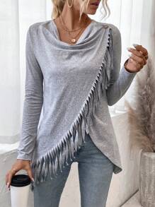 SHEIN Essnce 女士長袖t恤,配流蘇細節和波浪飄搖的下擺 - 灰色 - 查看 1