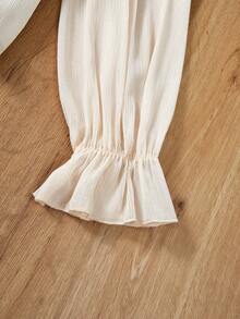 SHEIN 青少年女孩編織純色立領透明網紗襯衫,蕾絲飾邊 - 米色 - 查看 6