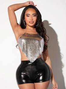 SHEIN SXY Atractivo Y Brillante Top Plateado De Metal Con Cuello Halter Para Mujer, Ideal Para El Día De San Valentín - Plateado - Ver 6