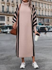 SHEIN LUNE 女士高領條紋蝙蝠袖毛衣連衣裙 - 粉色 - 查看 4