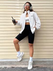 SHEIN Unity 女裝字母拼接拉鍊前開絨毛外套 - 米色 - 查看 6