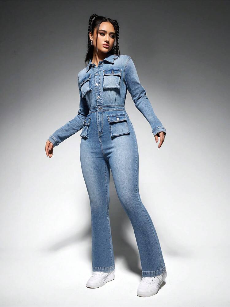 Buttoned Long Sleeve Denim Jumpsuit