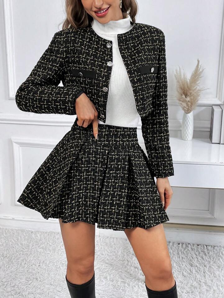 SHEIN Privé Plaid Print Button Front Crop Jacket & Pleated