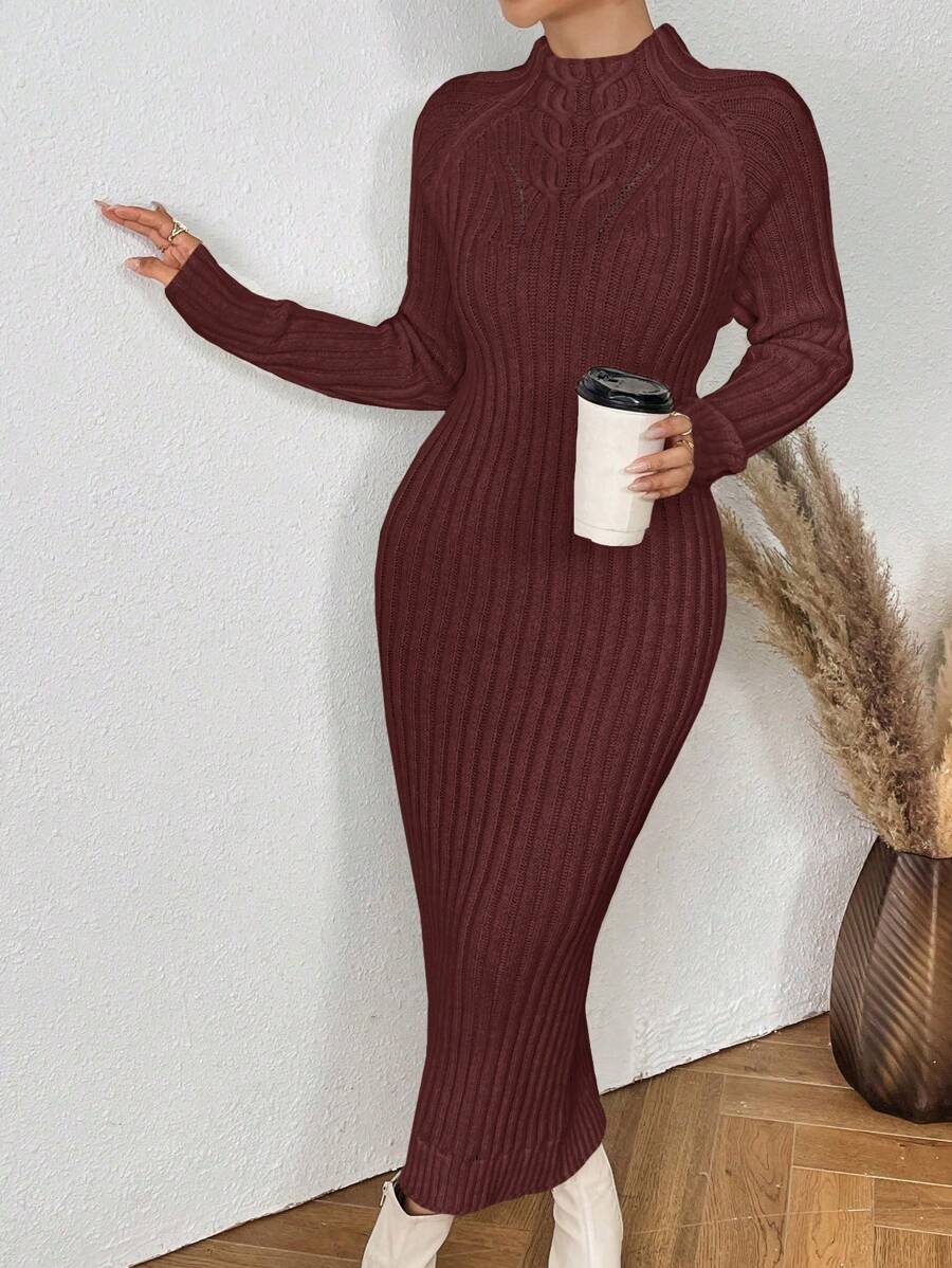 SHEIN Clasi Áo cao cổ Tay Raglan Đầm Áo len - Cà phê nâu - Xem 1