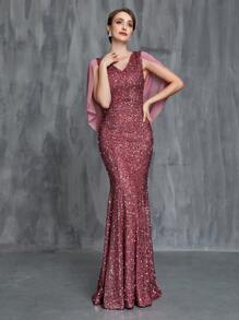 Women's Draped Back Sequin Mermaid Hem Formal Dress - Dusty Pink - View 1