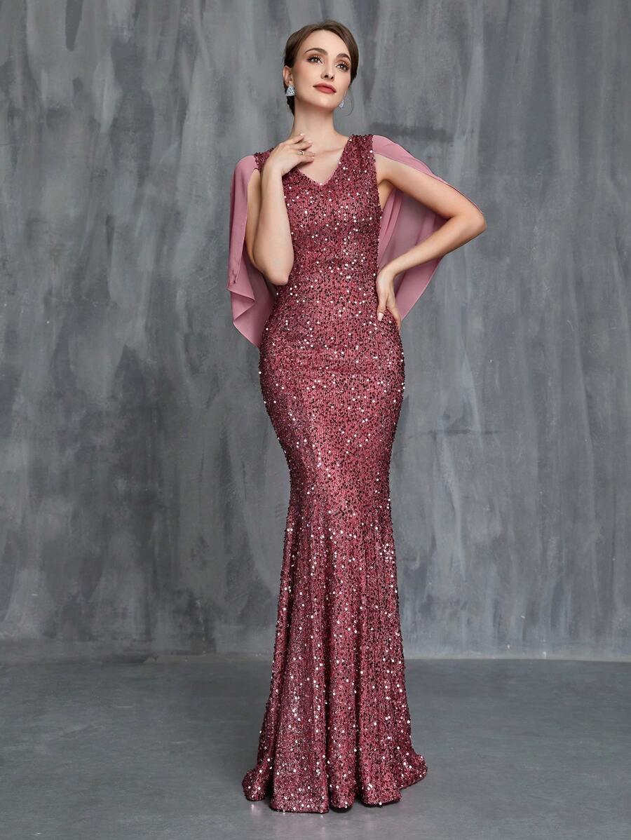 Women's Draped Back Sequin Mermaid Hem Formal Dress - Dusty Pink - View 1