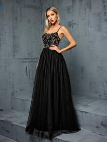 MGIACY Sequined Floral Pattern Net Chiffon Halter Evening Dress - Black - View 3