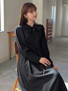 纯色腰带长袖连衣裙，秋季服装长款连衣裙 - 黑色 - 查看 1