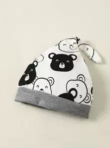 SHEIN Vintaside Kids 新生男嬰可愛時尚小熊印花連身衣 + 長褲 + 帽子 + 圍兜 + 手套 5 件套