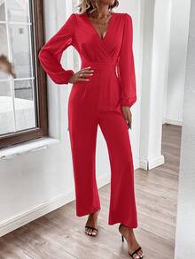 SHEIN LUNE Solid Color Sheer Mesh Contrast Lantern Sleeve Jumpsuit - Red - View 4