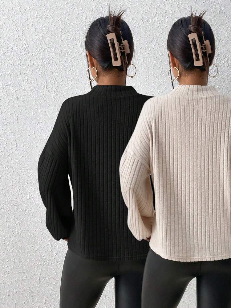 Women's Stand Collar Drop Shoulder Knit Long Sleeve T-Shirt Winter