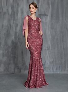 Women's Draped Back Sequin Mermaid Hem Formal Dress - Dusty Pink - View 3