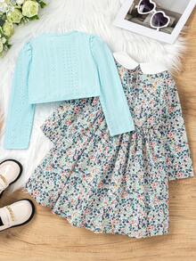 SHEIN Young Girls Country Style Floral Print Peter Pan Collar Dress With Blue Long Sleeve Top 2pcs/Set