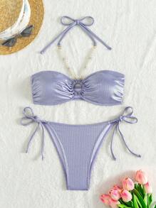 SHEIN Swim 珍珠链吊带比基尼套装狂欢夏日海滩 - 紫色 - 查看 5