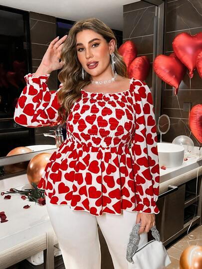 Flirla Valentine's Day Heart Print Lantern Sleeve Plus Size Blouse Fall Cloth For Women