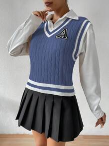 SHEIN Qutie 女士字母拼接毛衣背心 - 霧霾藍 - 查看 5