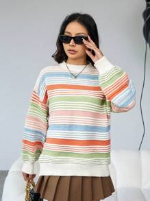GENKIRA Drop Shoulder Striped Knit Pullover Fall Winter Sweater - Multicolor - View 5
