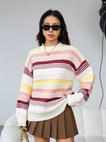 GENKIRA Suéter de punto con hombros caídos y rayas para otoño e invierno - Multicolor - Ver 4