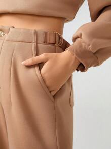 Cacao Bloom 设计师品牌女款纯色翻盖口袋运动裤，秋季，适合秋冬季，假日 - 卡其色 - 查看 8