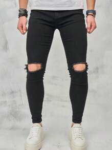 Men's Distressed Slim Fit Denim Jeans, Grunge - Black - View 1