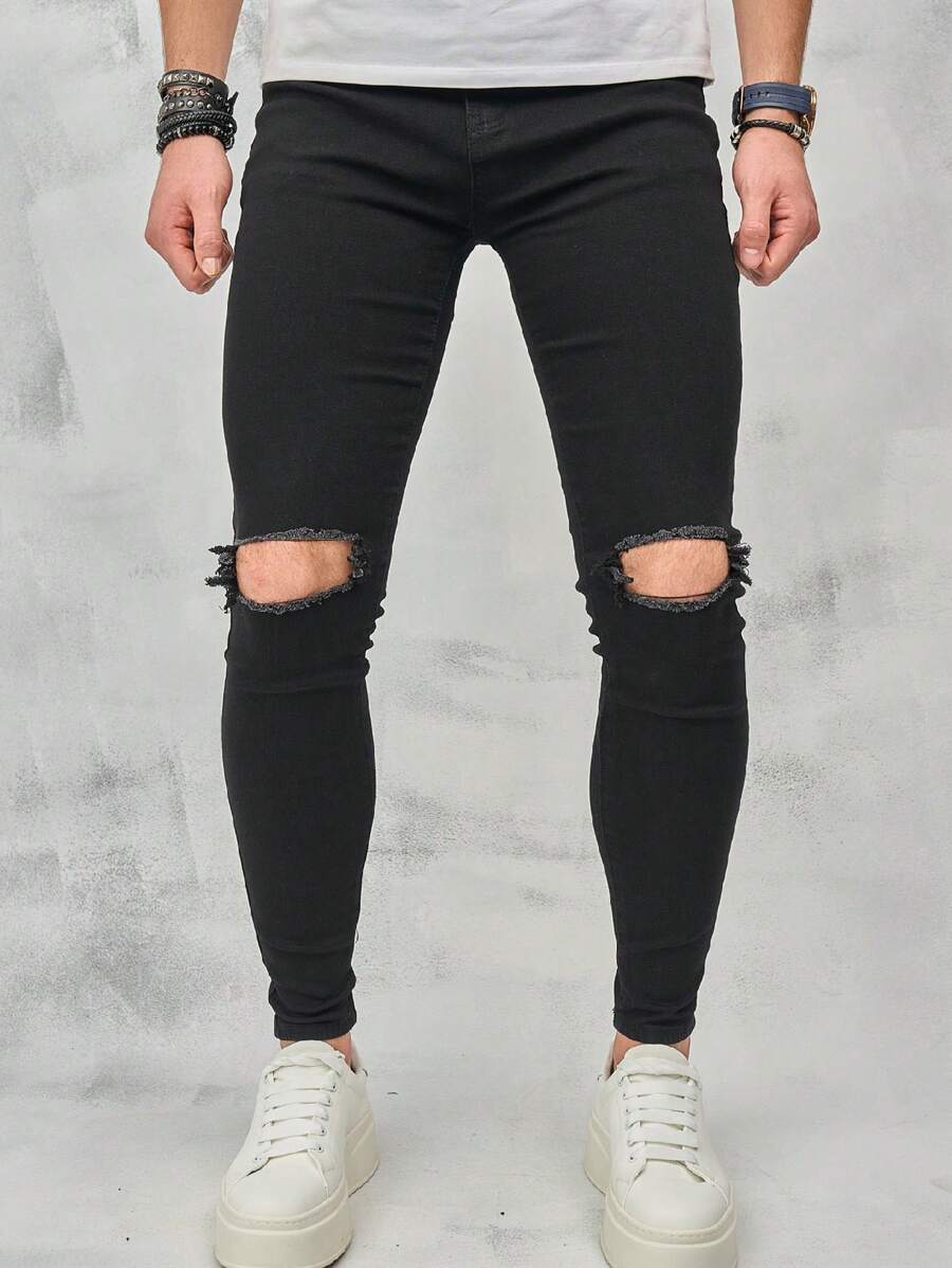 Men's Distressed Slim Fit Denim Jeans, Grunge - Black - View 1