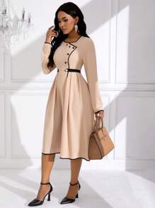 SHEIN Unity Women's Hemmed Pleated Long-Sleeve Dress Fall Cloth For Women - Apricot - View 5