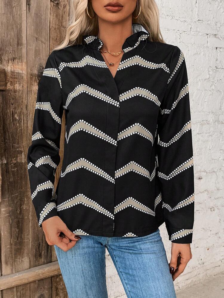 Women's Polka Dot Shirt With Notched V-neck