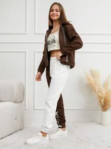 RueChic Teen Girl's Letter Printed Cami Top, Zip-Up Hoodie And Drawstring Joggers Set - Multicolor - View 4