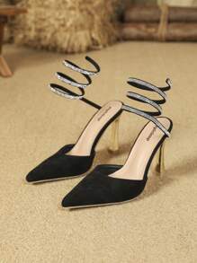 時尚蛇紋設計包裹鑲有水晶的尖頭細高跟女鞋,適合日常和派對穿著 - 黑色 - 查看 6