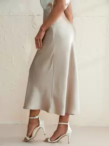 Aveloria Modichic Chân váy satin xếp ly, nhún bèo thanh lịch dành cho nữ, dài có khóa kéo, dáng suông, màu be tự nhiên, trơn, mùa xuân/hè, trang phục chuyên nghiệp/kinh doanh/đồng phục công sở - Màu be - Xem 2