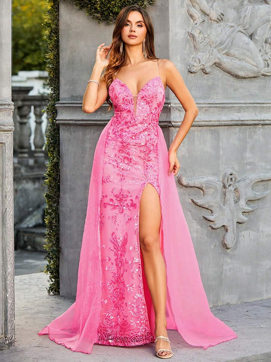 Double Crazy Women's Floral Embroidery Mesh Splice High Side Slit Spaghetti Strap Formal Dress - Hot Pink - View 1