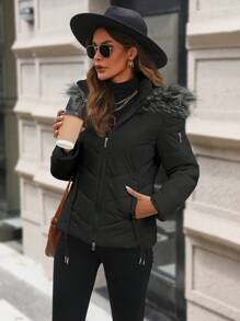 SHEIN LUNE Áo khoác có mũ trùm đầu màu trơn có khóa kéo phía trước có đệm lót quần áo mùa đông có túi chéo - màu đen - Xem 3